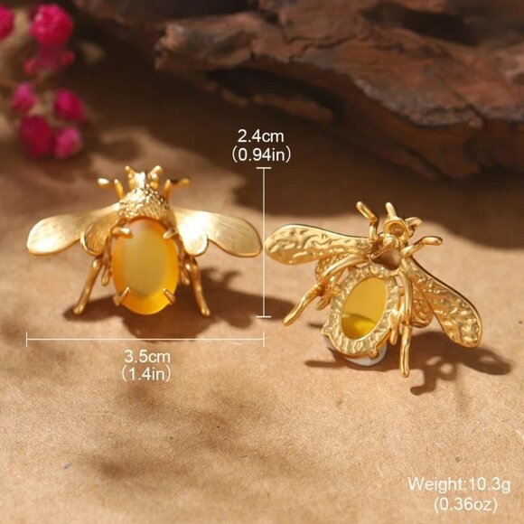 Bee Bug Earrings Pierced Yellow Cabochons Gold Tone Chandelier New - Picture 3 of 5